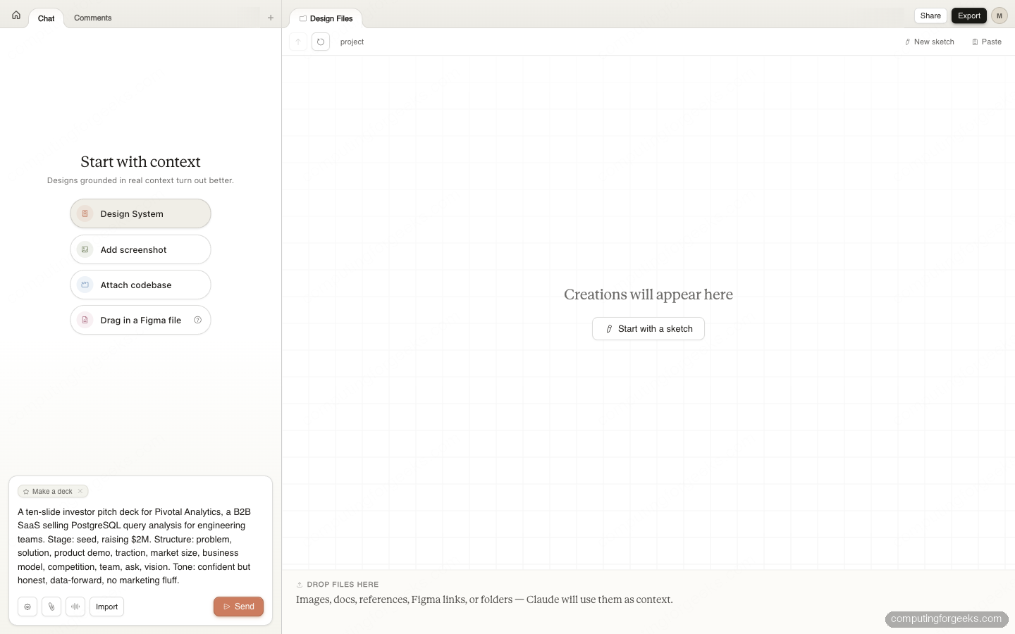 Claude Design prompt entered for investor pitch deck