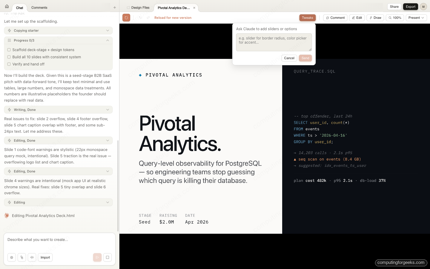 Claude Design Tweaks panel for custom sliders