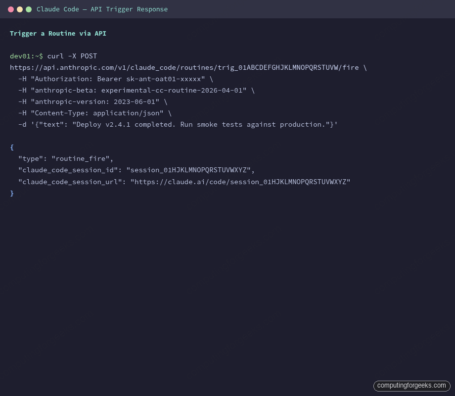 Terminal showing curl API trigger request and JSON response with session ID and URL