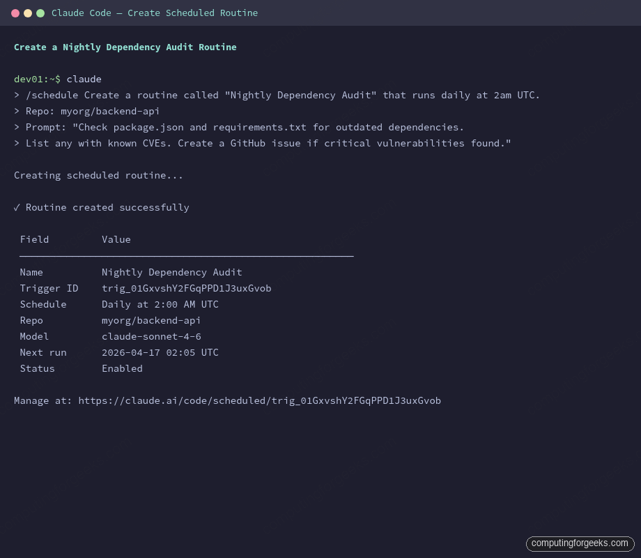 Claude Code terminal showing routine creation with trigger ID and schedule details