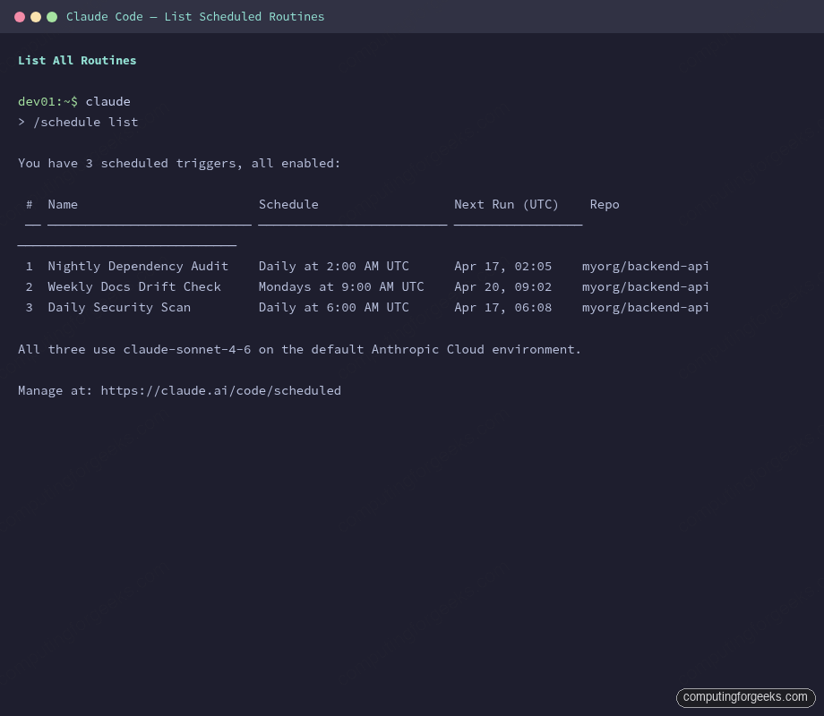 Claude Code terminal listing three scheduled routines with names, schedules, and next run times