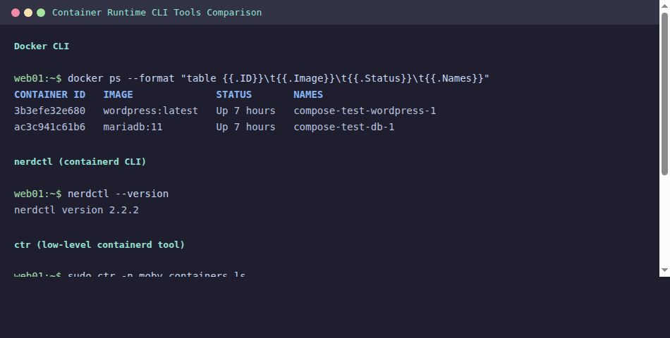 Container runtime CLI tools docker nerdctl ctr crictl comparison