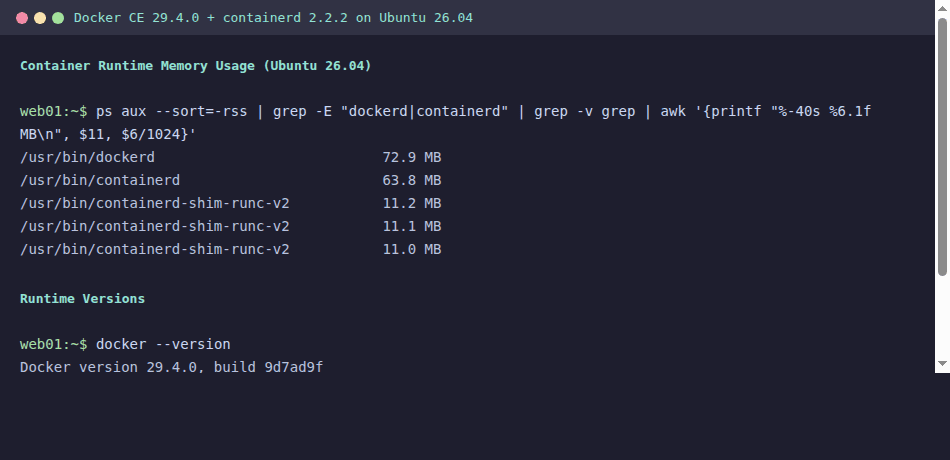 Docker vs containerd memory usage comparison on Ubuntu 26.04
