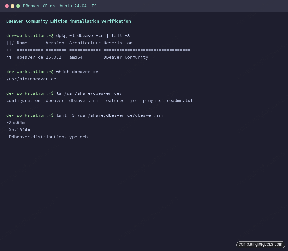 DBeaver Community Edition install verification on Ubuntu 24.04 LTS showing dpkg version and ini tuning