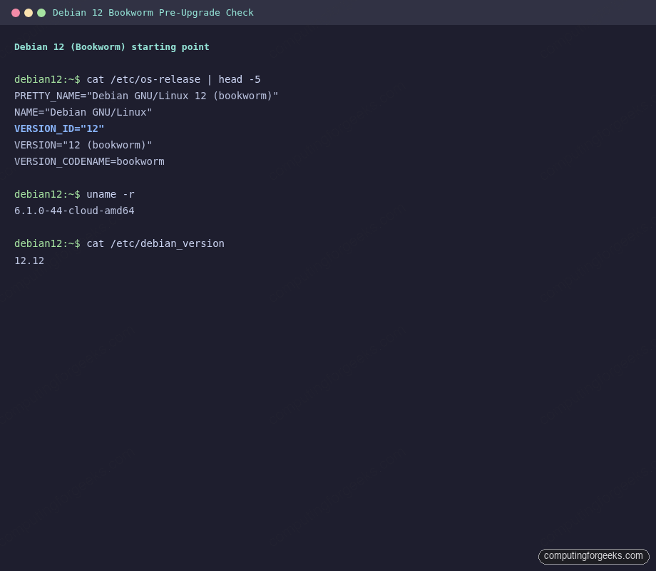 Debian 12 Bookworm os-release and kernel before upgrade to Debian 13