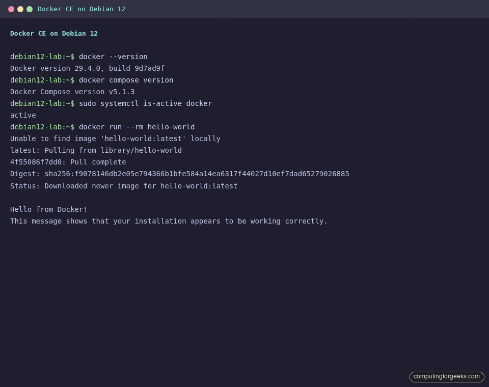 Docker CE 29.4.0 running hello-world on Debian 12