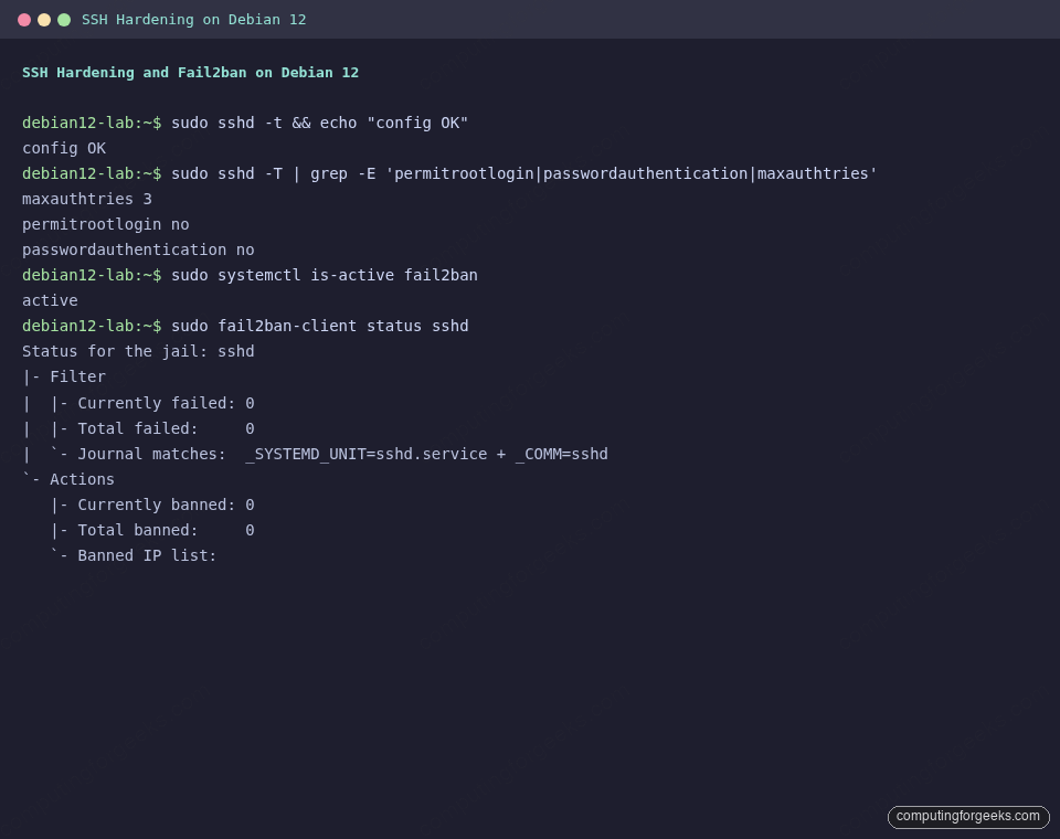 SSH hardening and fail2ban status on Debian 12