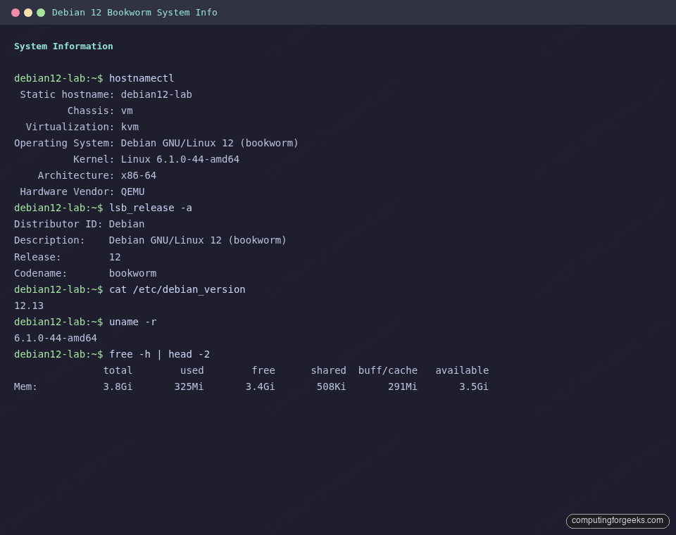 Debian 12 Bookworm system info output