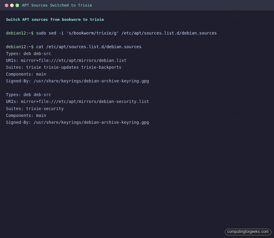 Debian APT sources.list.d debian.sources switched from bookworm to trixie
