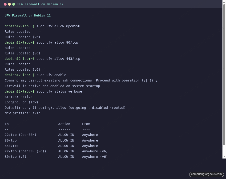 UFW firewall enabled on Debian 12