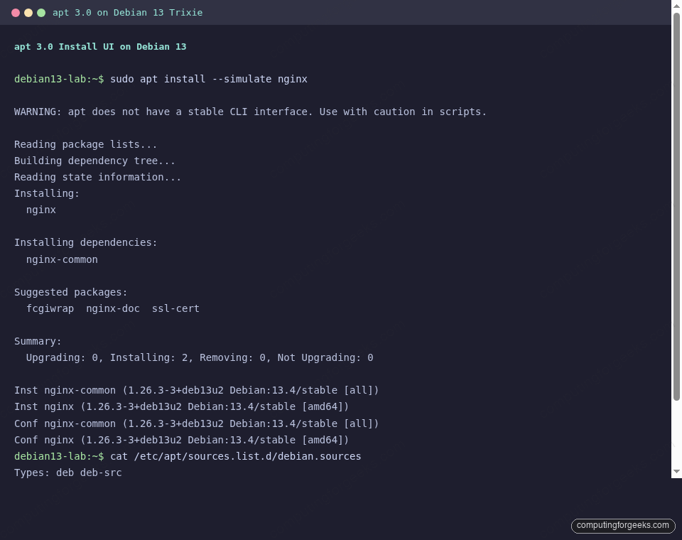 apt 3.0 new install UI on Debian 13 Trixie