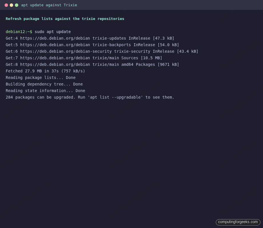 apt update against Debian 13 Trixie repositories and security archive