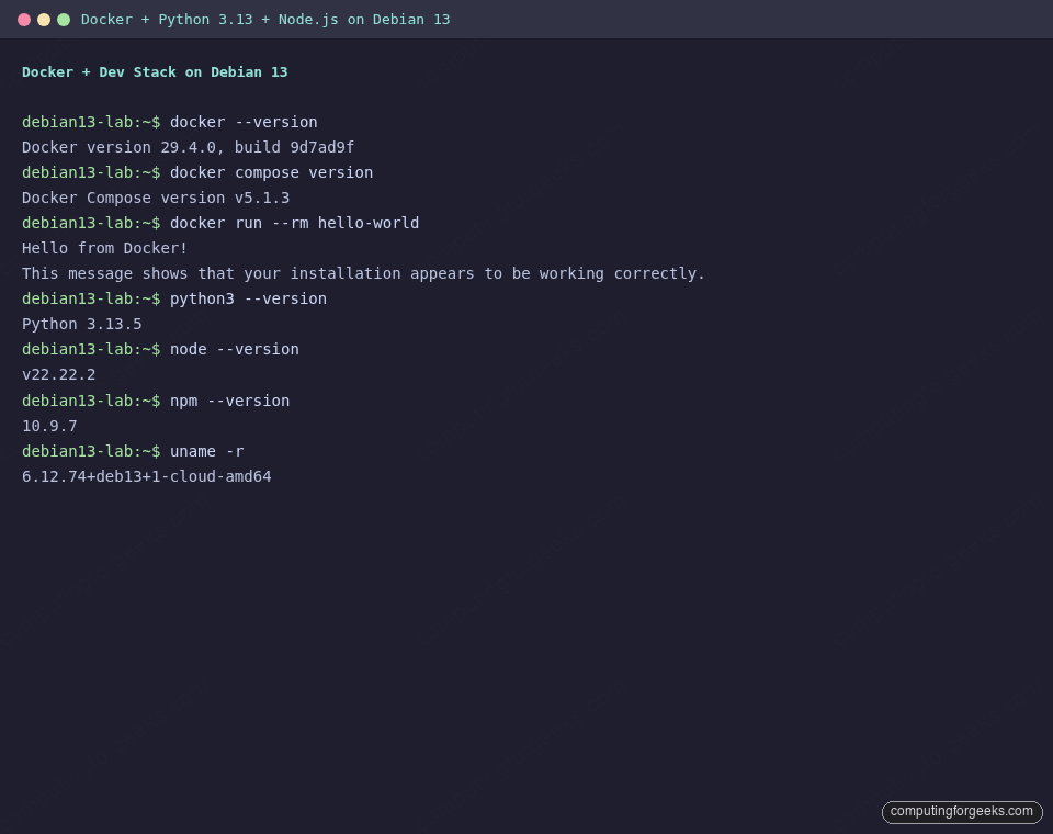 Docker CE, Python 3.13, and Node.js 22 on Debian 13 Trixie