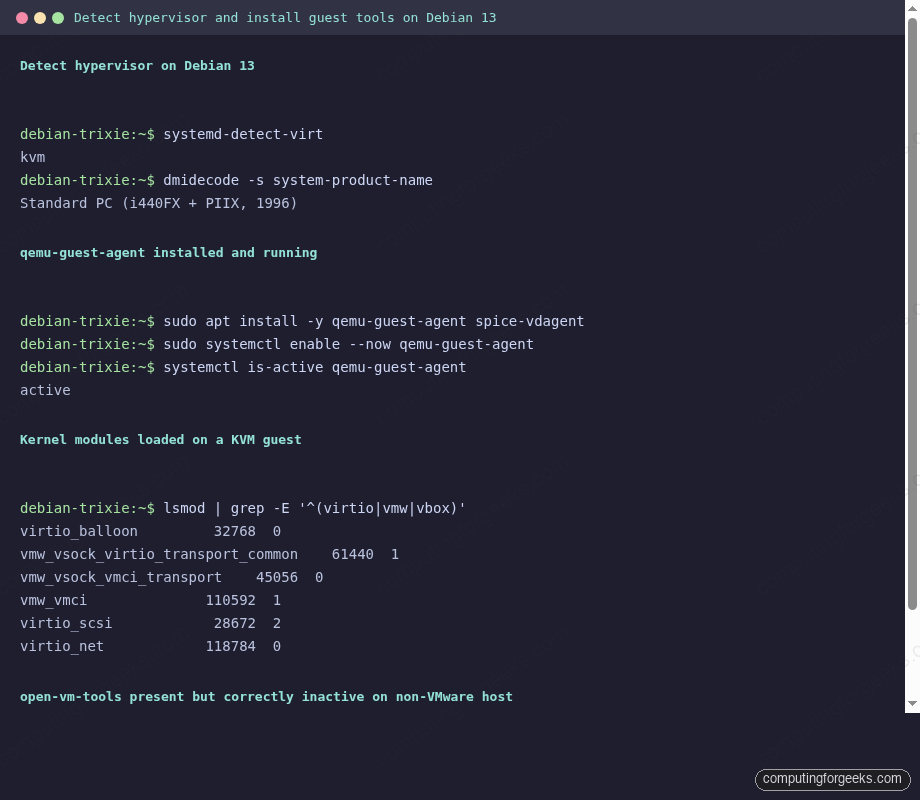 systemd-detect-virt output and qemu-guest-agent status on a Debian 13 VM running on KVM, with loaded virtio modules