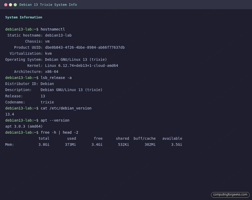Debian 13 Trixie system info showing kernel 6.12 and apt 3.0