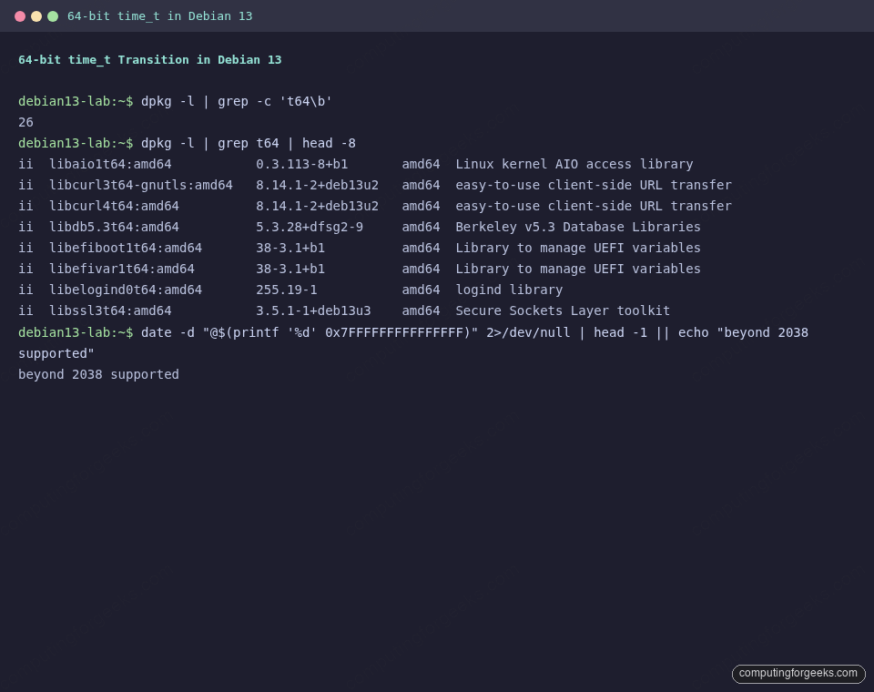 64-bit time_t transition on Debian 13 Trixie showing t64 libraries