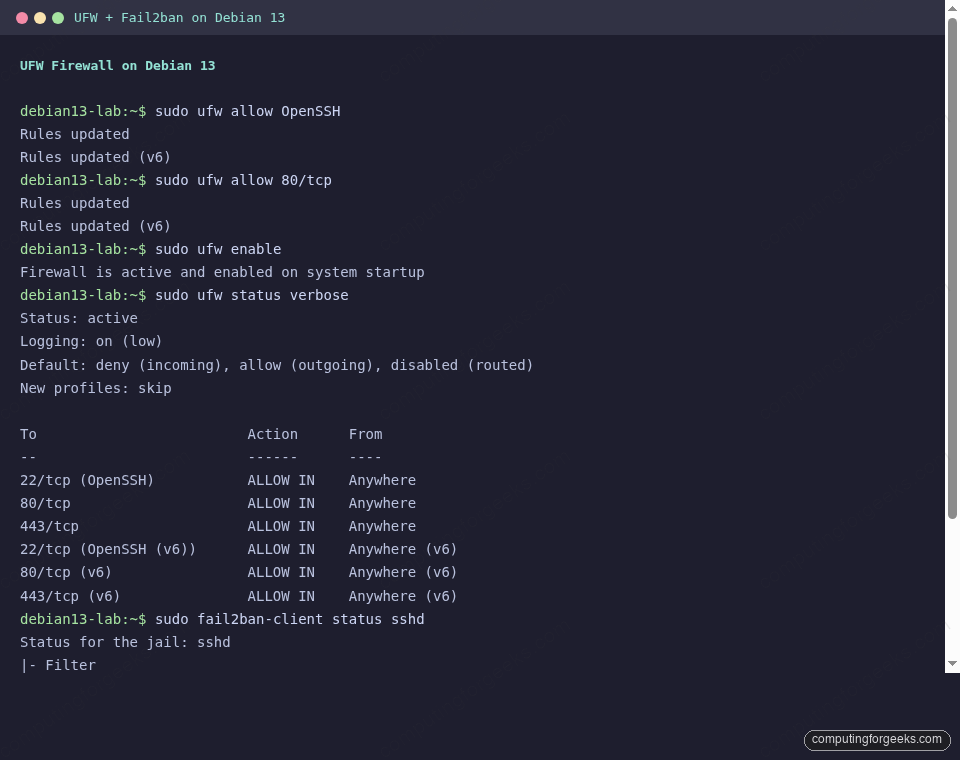 UFW firewall and fail2ban active on Debian 13 Trixie