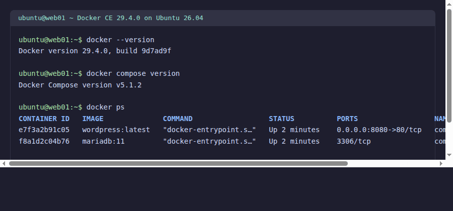 Docker CE 29.4.0 running containers on Ubuntu 26.04