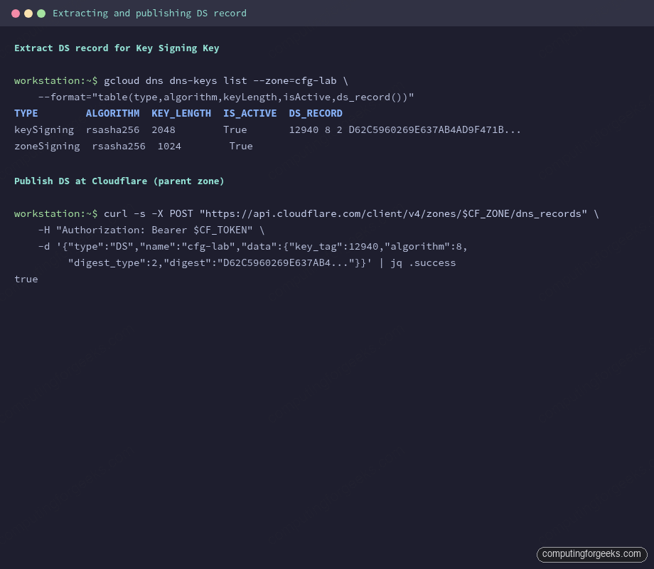 Terminal showing gcloud dns dns-keys list and Cloudflare API DS POST