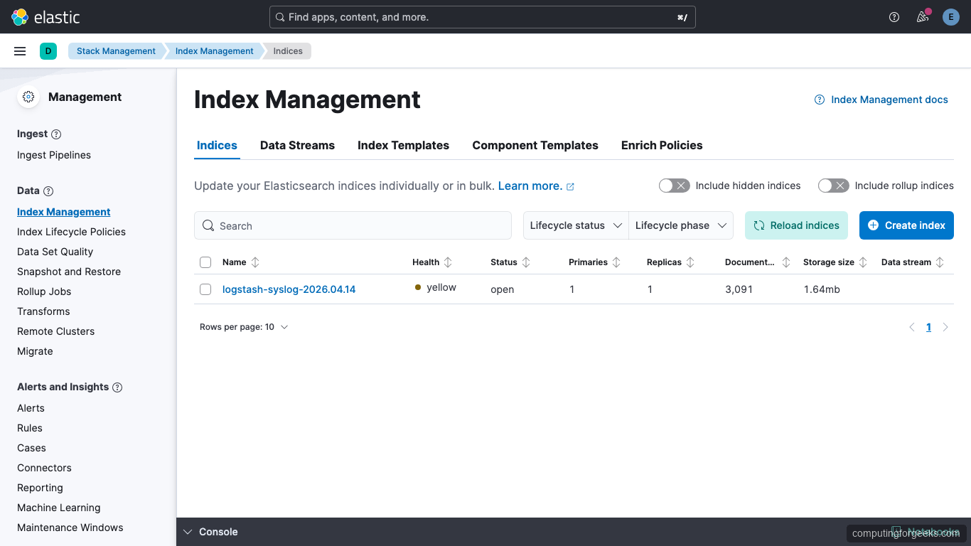 Kibana Index Management showing the logstash-syslog index on Ubuntu 26.04