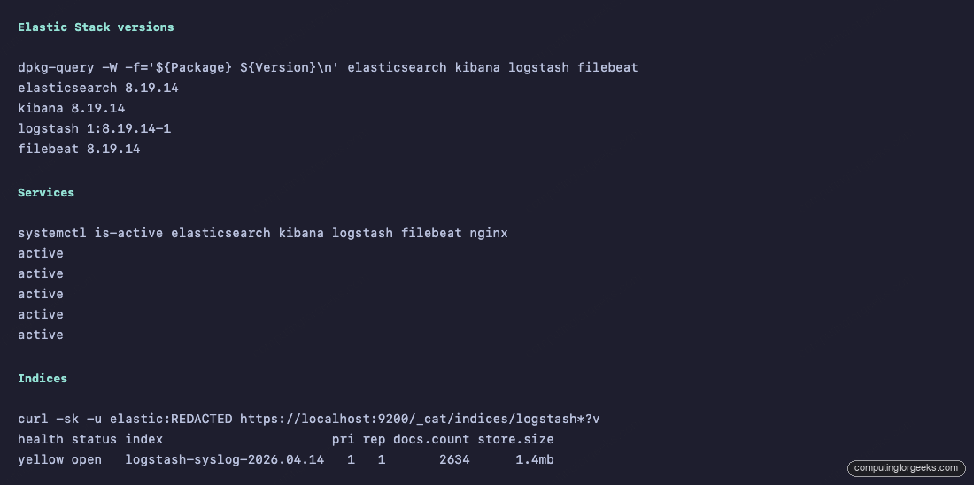 systemctl status for Elasticsearch, Kibana, Logstash, Filebeat on Ubuntu 26.04