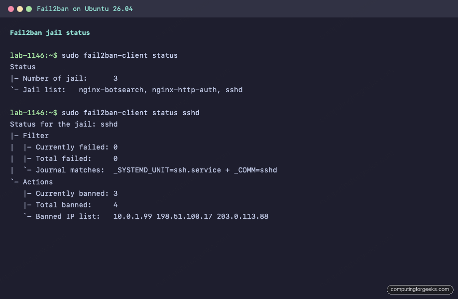 Install Fail2ban on Ubuntu 26.04 LTS 1 fail2ban-client status and status sshd on Ubuntu 26.04 showing three banned IPs in the sshd jail