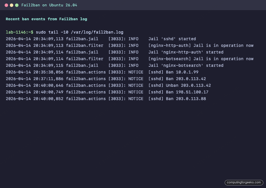 Install Fail2ban on Ubuntu 26.04 LTS 3 journalctl -u fail2ban output showing Server ready and reload events on Ubuntu 26.04