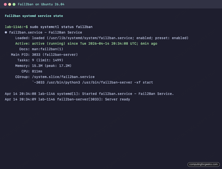 Install Fail2ban on Ubuntu 26.04 LTS 2 systemctl status fail2ban showing active running service with Server ready on Ubuntu 26.04