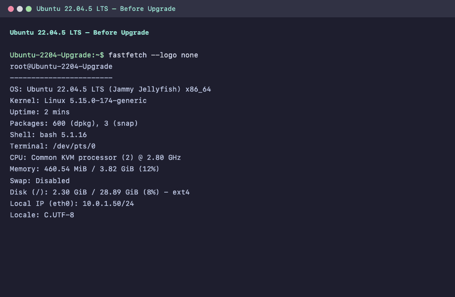 fastfetch showing Ubuntu 22.04.5 LTS system information before upgrade