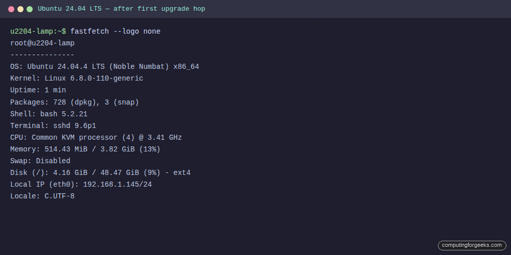 fastfetch output on Ubuntu 24.04 LTS after the first upgrade hop showing kernel 6.8, bash 5.2 and OpenSSH 9.6p1
