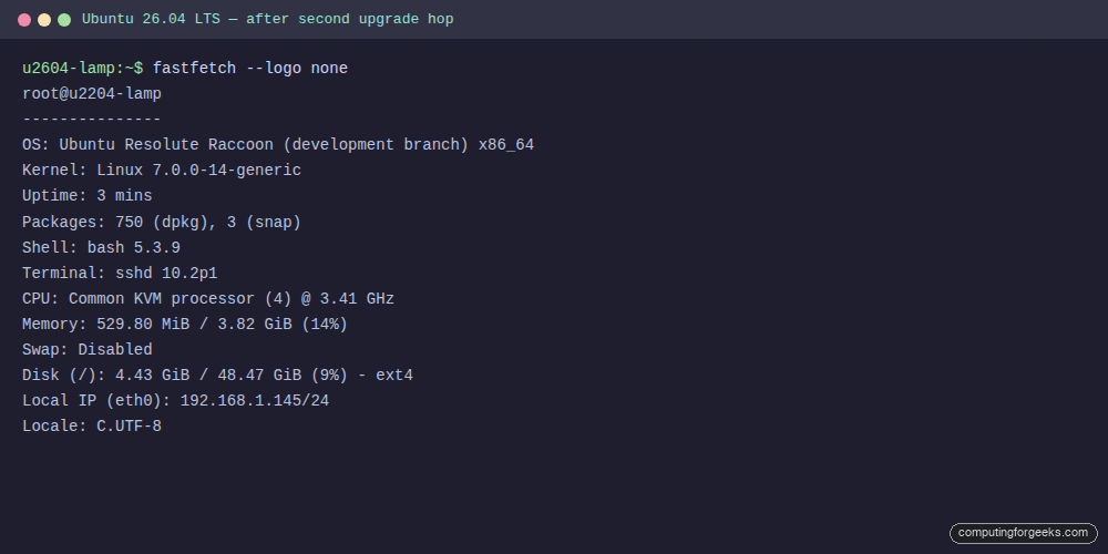 fastfetch output on Ubuntu 26.04 LTS after the second upgrade hop showing kernel 7.0, bash 5.3 and OpenSSH 10.2p1