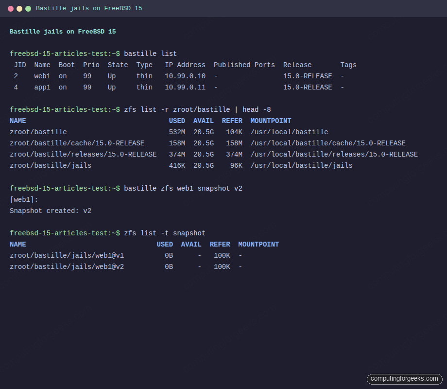 Terminal showing two running Bastille VNET jails and ZFS snapshots on FreeBSD 15
