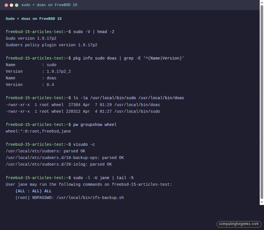 Terminal showing sudo and doas versions, sudoers config validation, and wheel group on FreeBSD 15