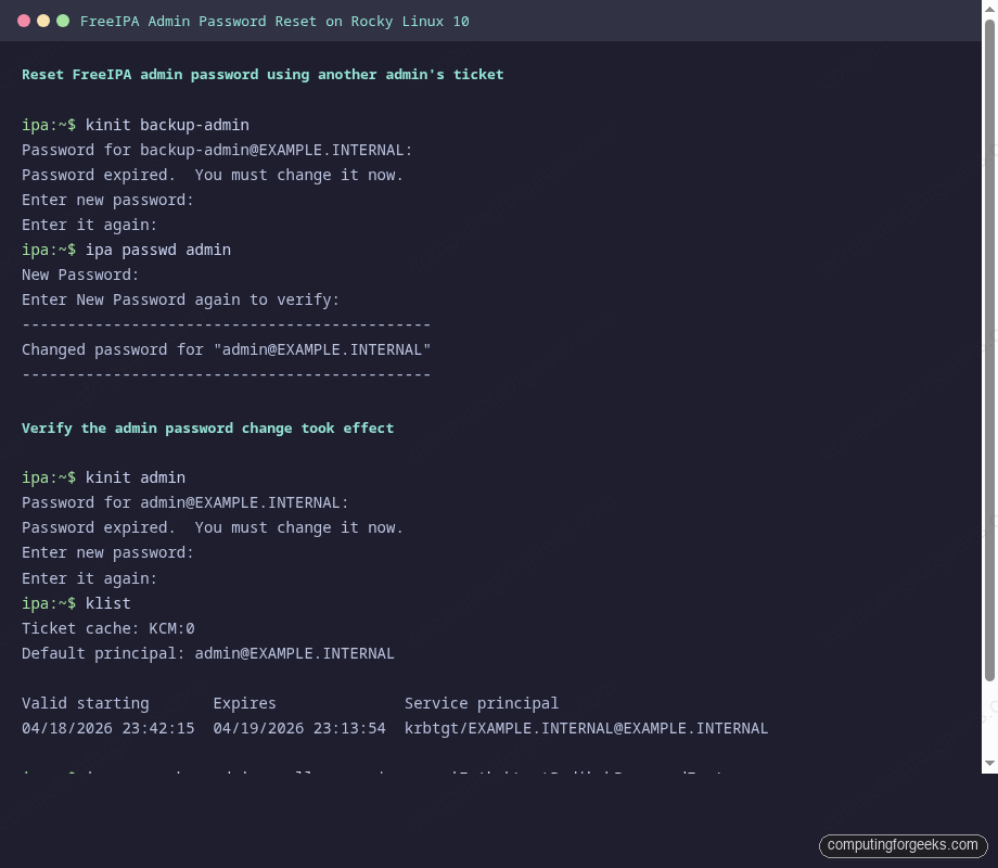Terminal showing ipa passwd admin and kinit admin commands completing a FreeIPA admin password reset on Rocky Linux 10