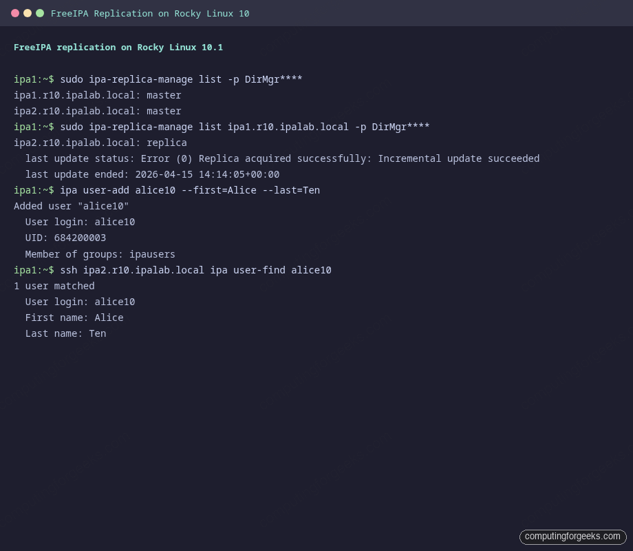 ipa-replica-manage list output showing bidirectional replication between ipa1 and ipa2 on Rocky Linux 10