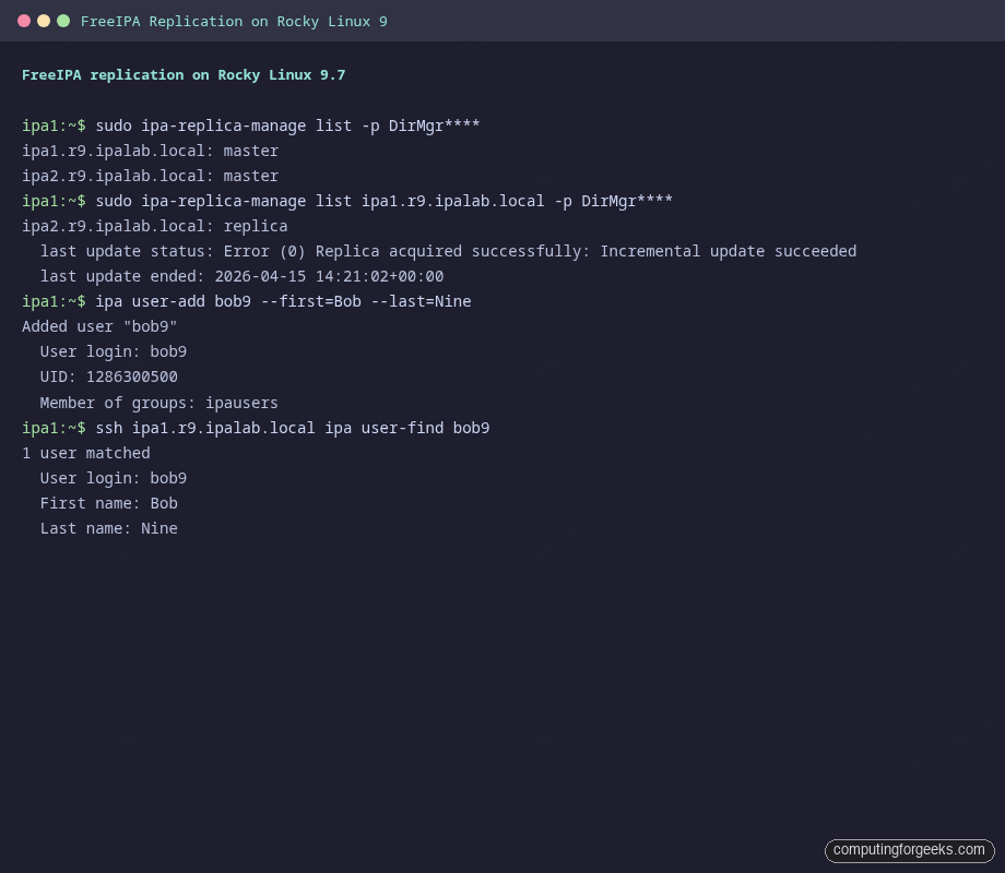 ipa-replica-manage list showing bidirectional replication between ipa1 and ipa2 on Rocky Linux 9