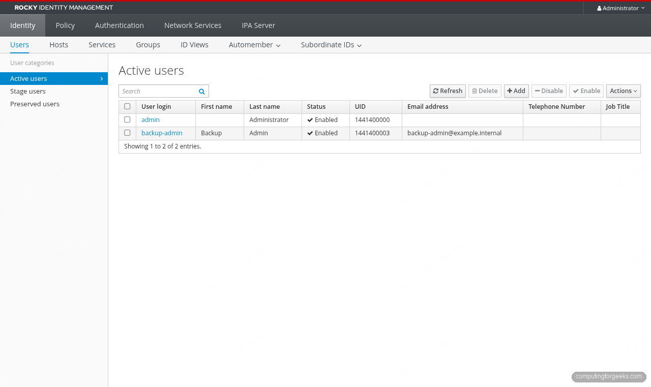 FreeIPA 4.12 web dashboard showing Active Users list with admin and backup-admin accounts on Rocky Linux 10