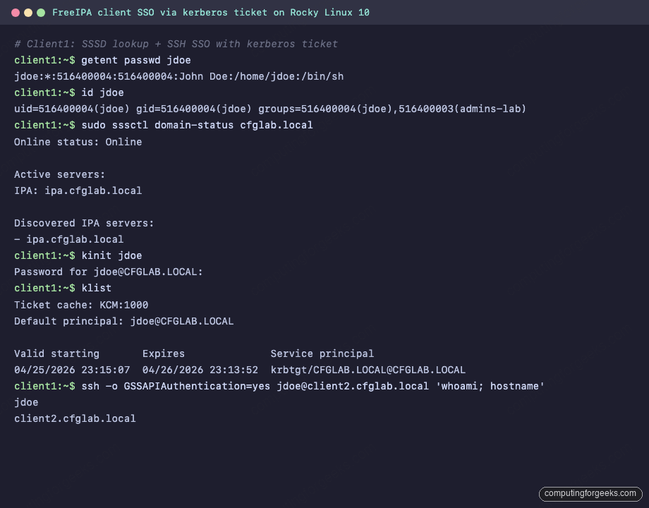 Terminal showing getent, sssctl domain-status, kinit jdoe and SSH SSO between Rocky Linux 10 FreeIPA clients