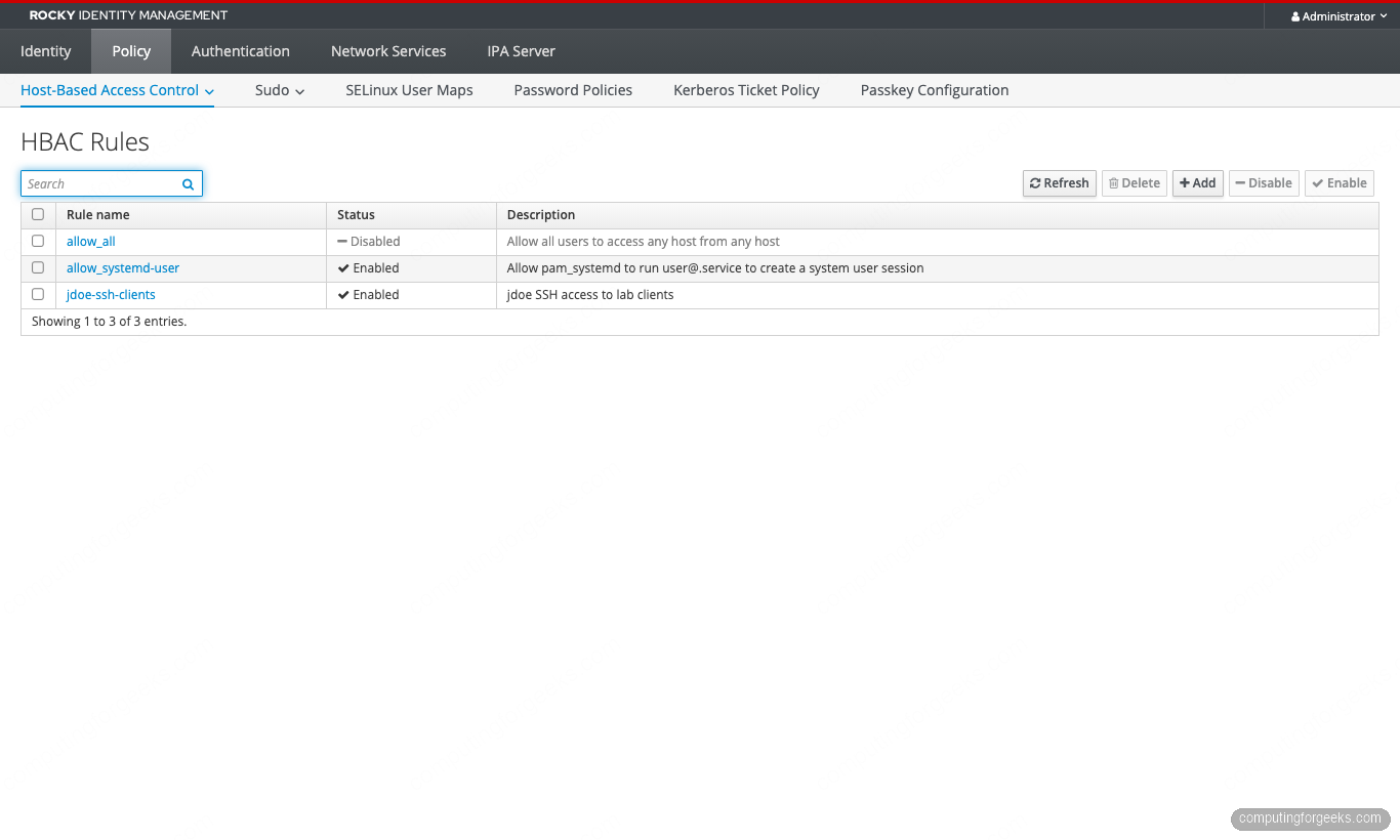 FreeIPA HBAC rules list with allow_all disabled and jdoe-ssh-clients enabled