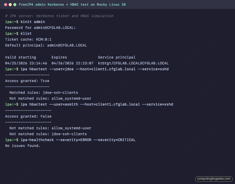 Terminal screenshot of ipa hbactest with Access granted True for jdoe and False for asmith on Rocky Linux 10