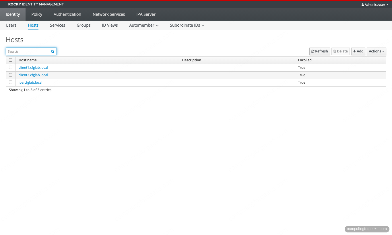 FreeIPA host list showing client1.cfglab.local, client2.cfglab.local and ipa.cfglab.local enrolled in CFGLAB.LOCAL realm