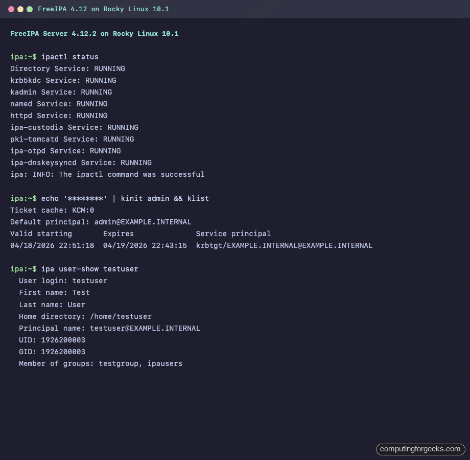 FreeIPA services running on Rocky Linux 10 via ipactl status and kinit admin