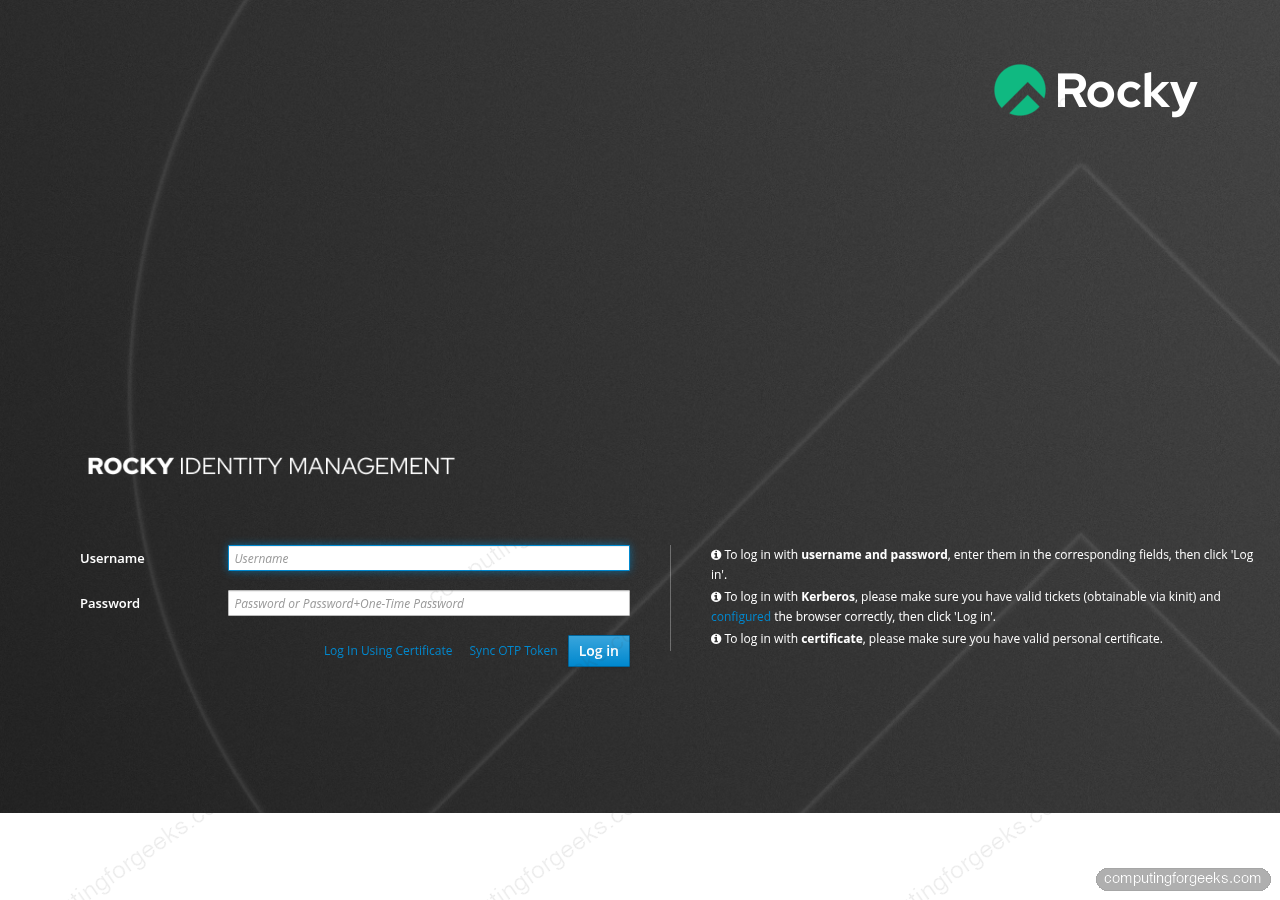 FreeIPA 4.12 Kerberos-authenticated web interface login form served from Apache on Rocky Linux 10
