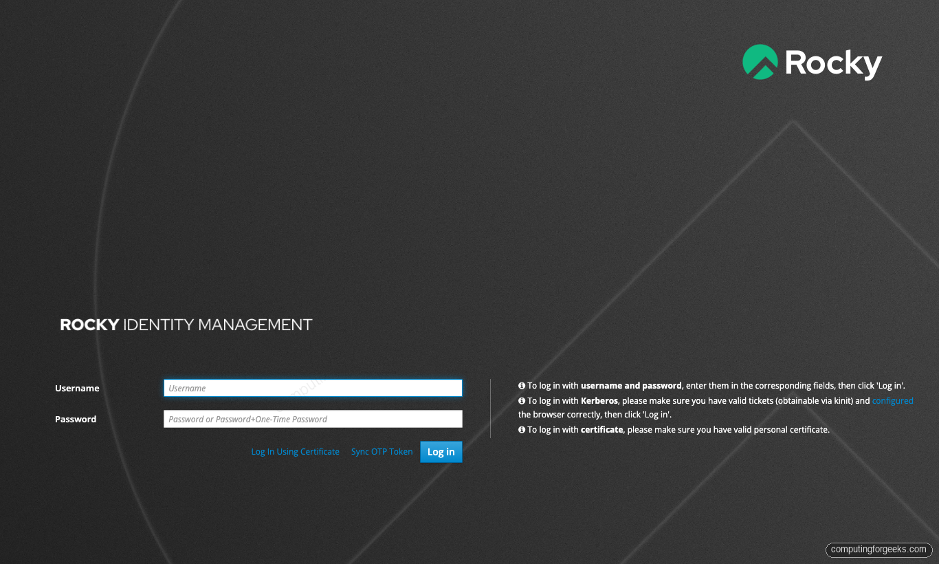 FreeIPA login page running on Rocky Linux 10 with self-signed Apache TLS