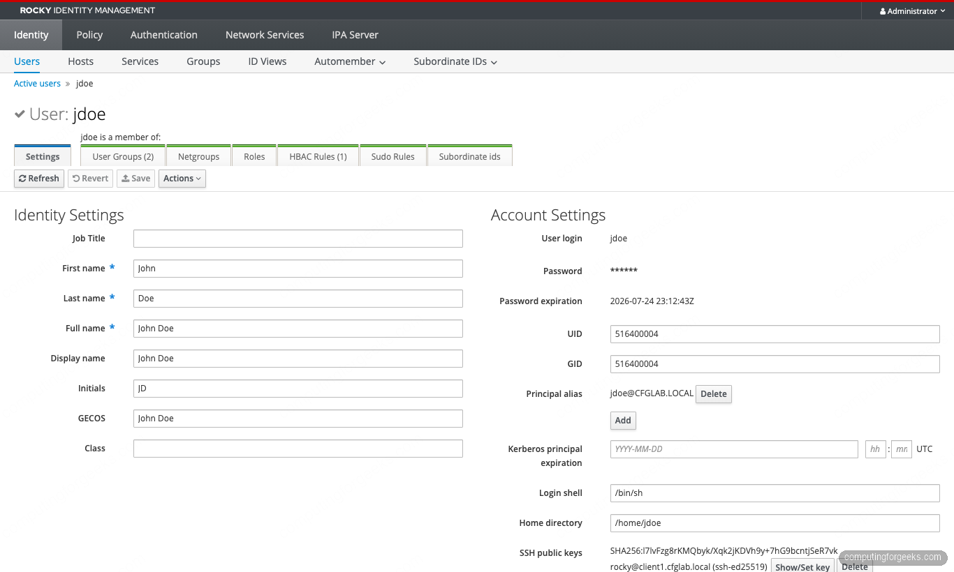 FreeIPA user detail showing identity settings, principal, UID, GID and SSH public key for jdoe