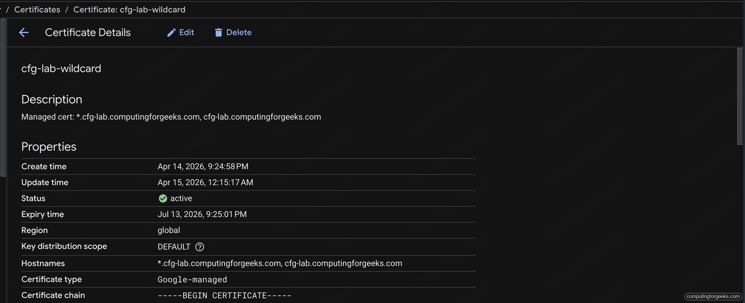 Google Cloud Console Certificate Manager showing cfg-lab-wildcard cert ACTIVE Google-managed