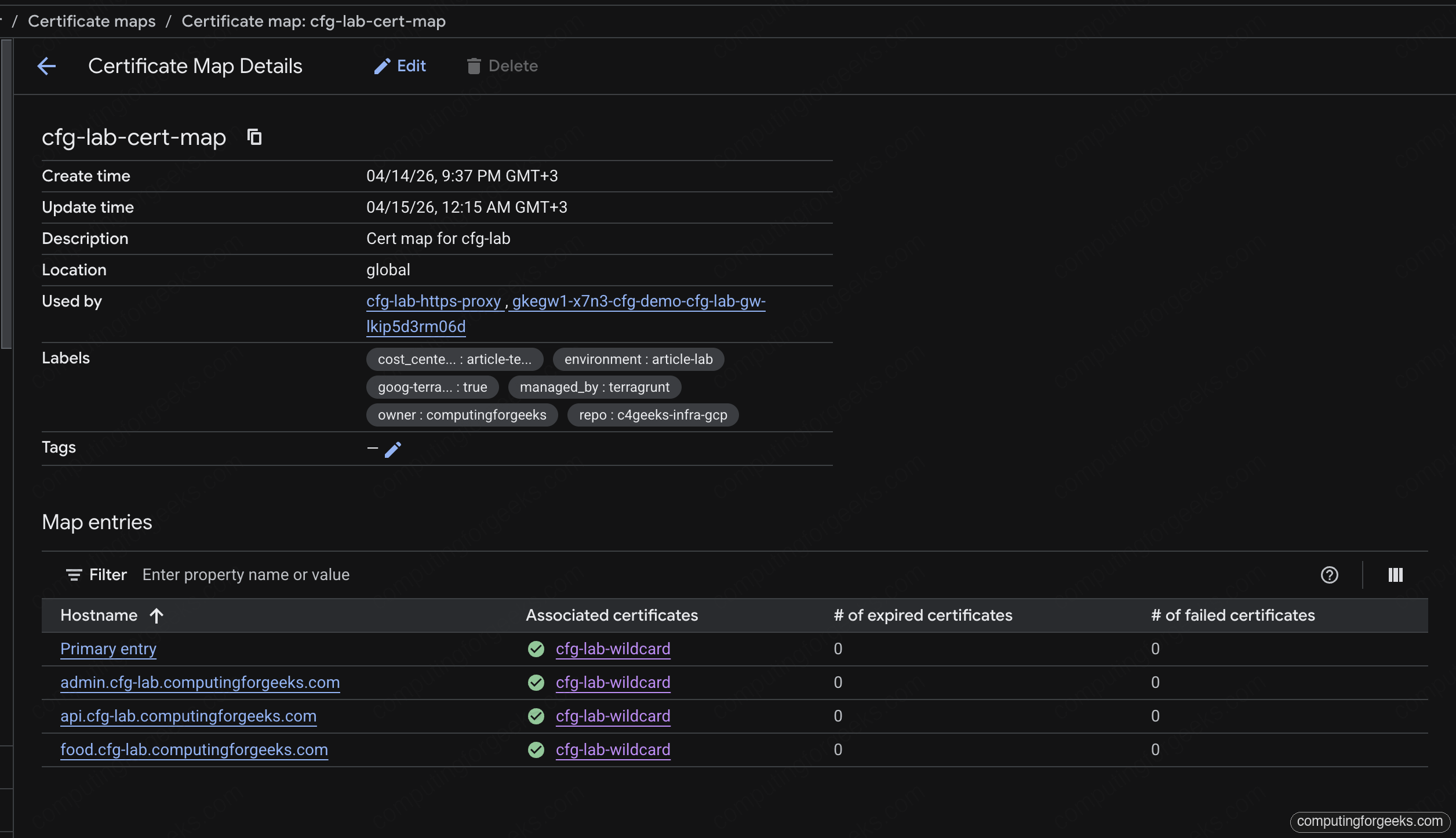 Google Cloud Console Certificate Map cfg-lab-cert-map with PRIMARY and 3 hostname entries