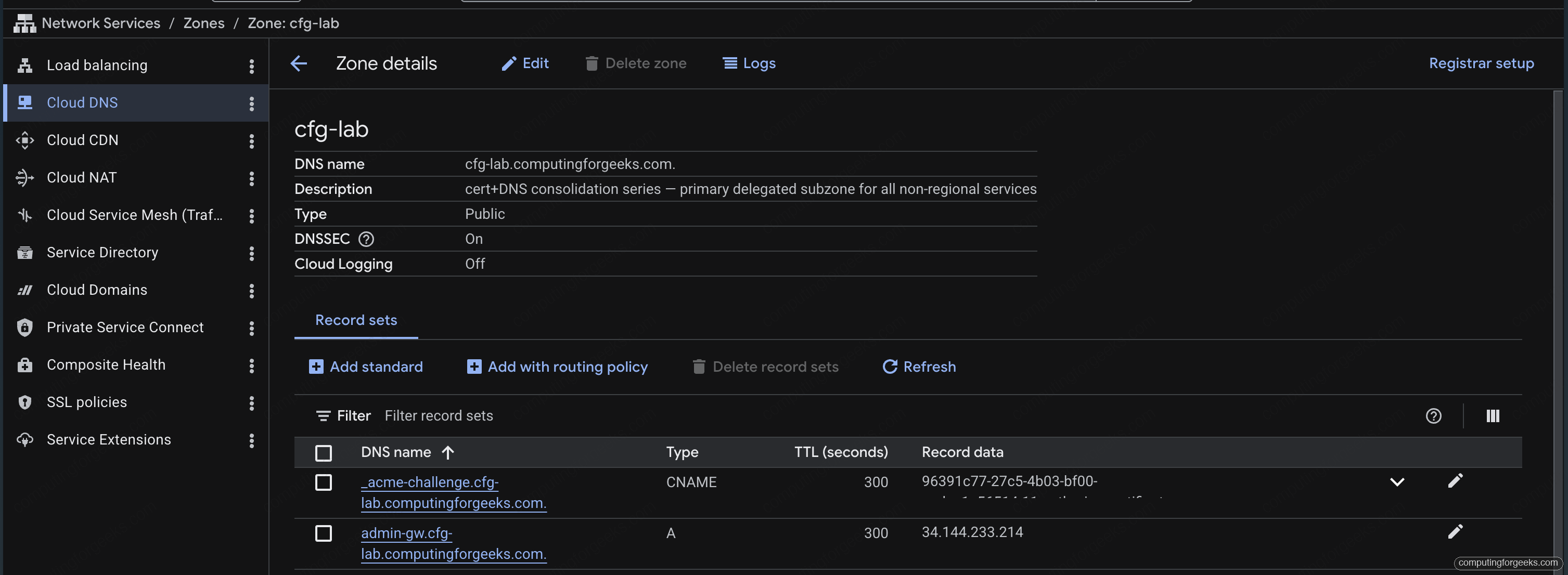 Google Cloud Console showing Cloud DNS zone cfg-lab details with DNSSEC on
