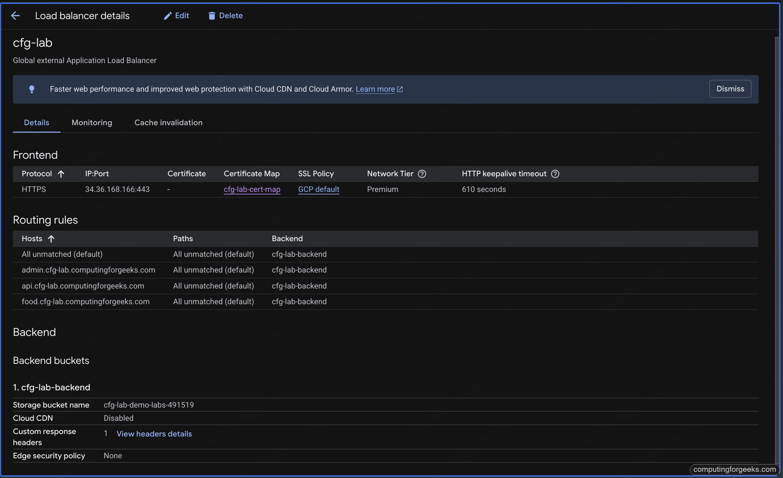 Google Cloud Console Load Balancer details showing HTTPS frontend cert map and 4 host rules
