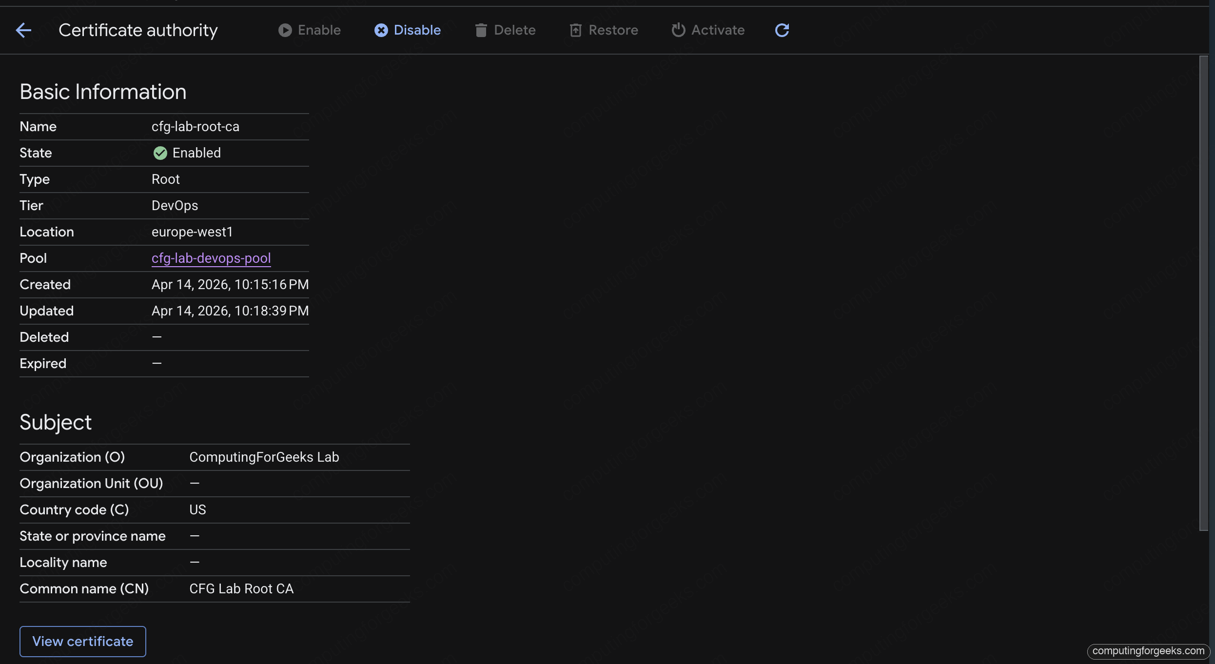 Google Cloud Console Private CA root CA details showing Enabled DevOps tier and Subject